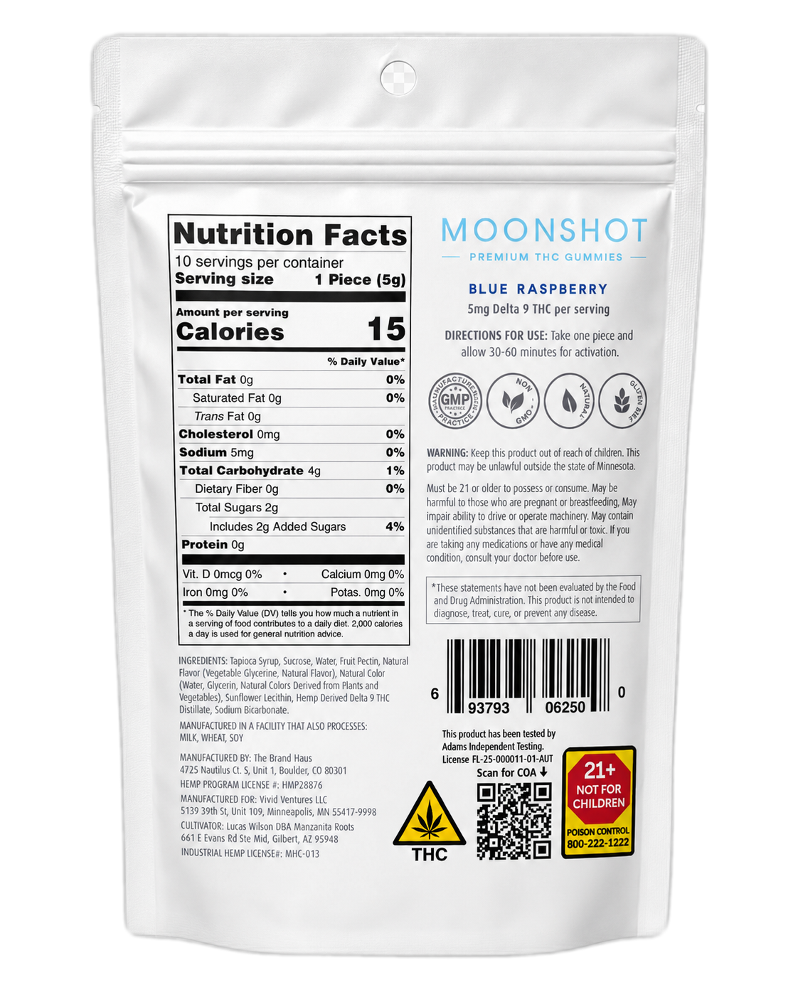 Moonshot Blue Raspberry pouch back — nutrition facts and ingredients