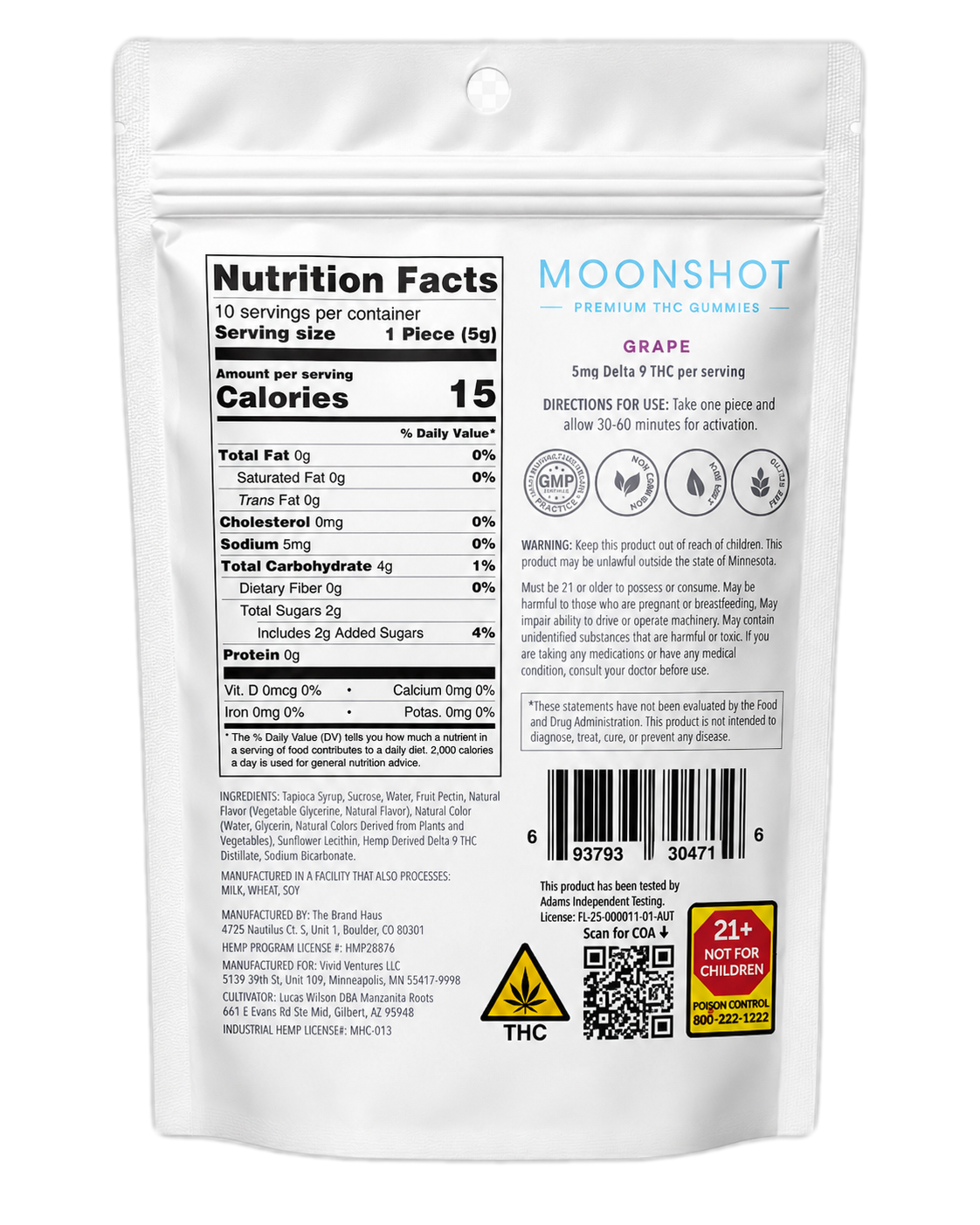 Moonshot Grape pouch back — nutrition facts and ingredients