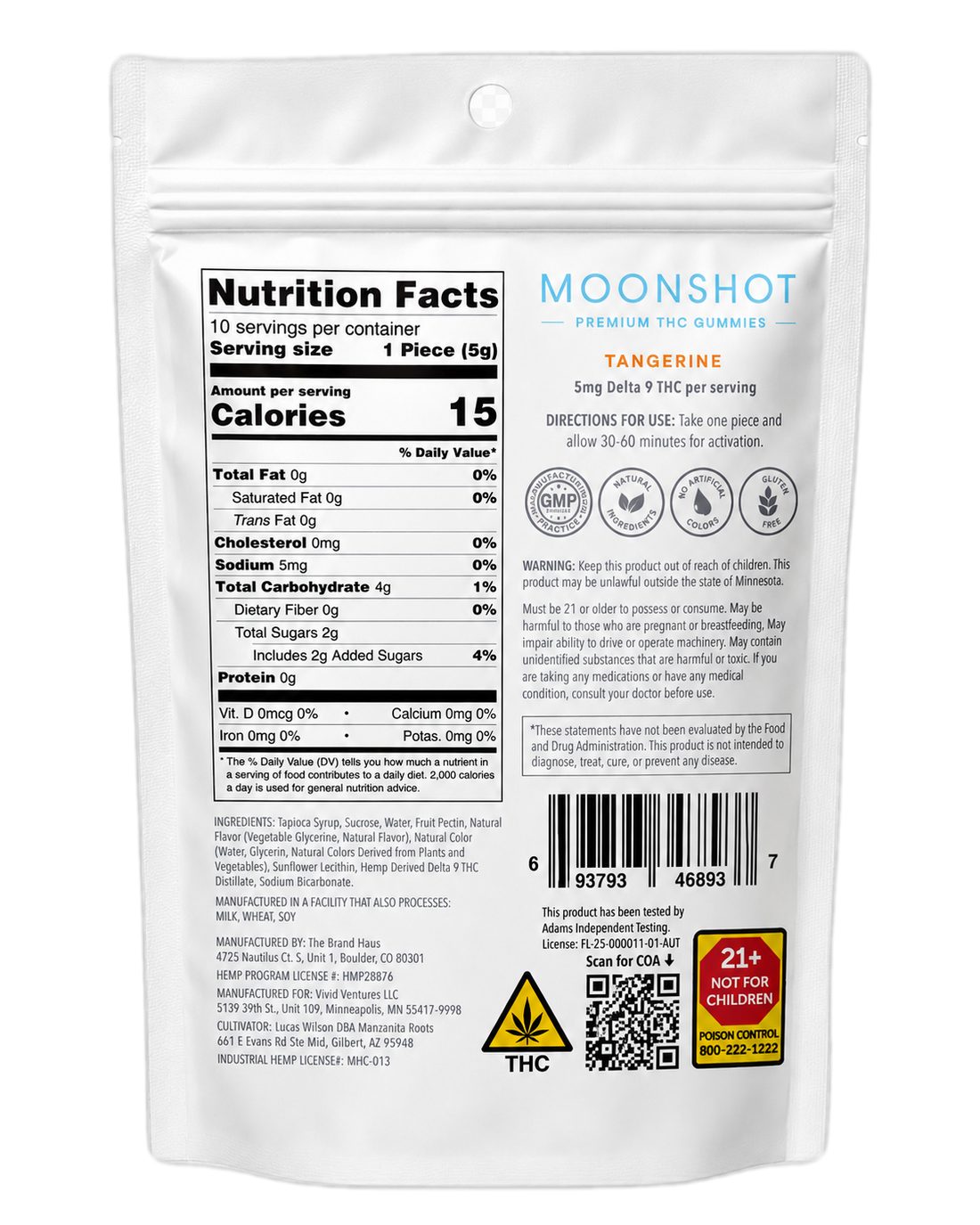Moonshot Tangerine Dream pouch back — nutrition facts and ingredients