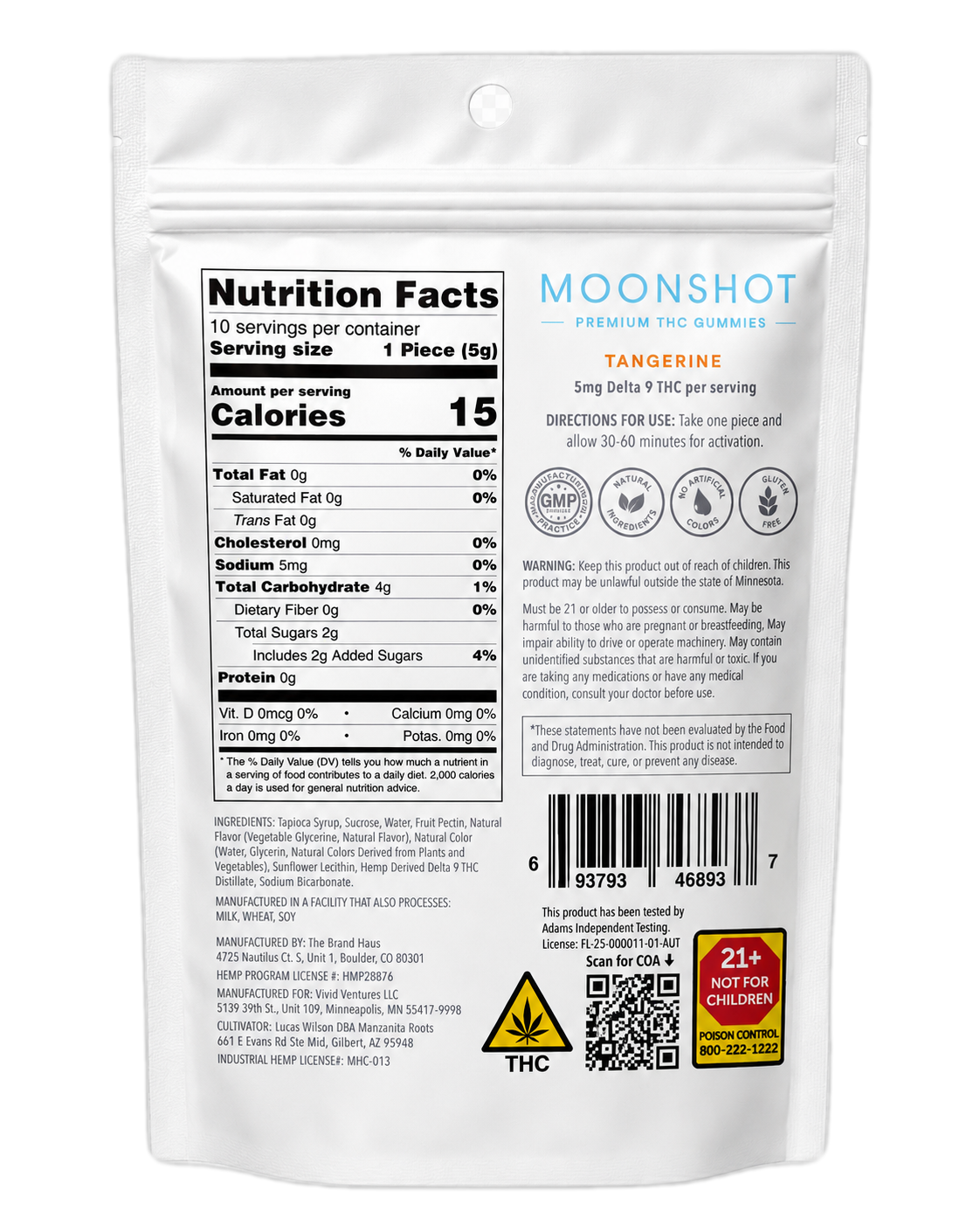 Moonshot Tangerine Dream pouch back — nutrition facts and ingredients