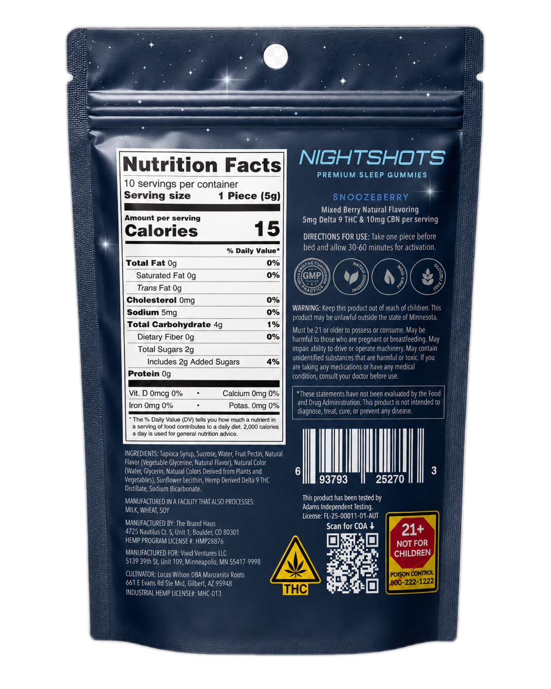 Nightshots Snoozeberry pouch back — nutrition facts and ingredients