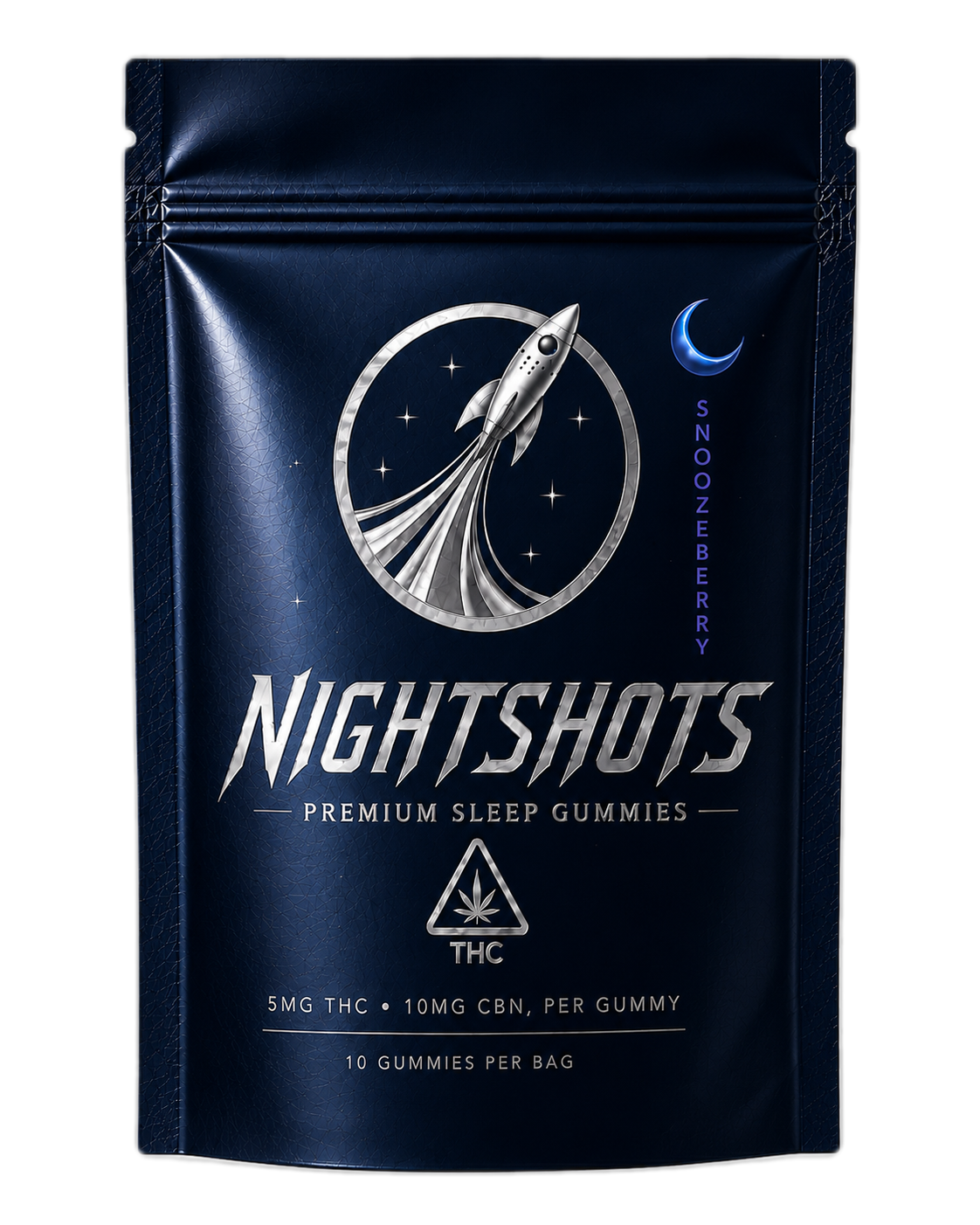 Moonshot Nightshots Snoozeberry sleep gummies pouch — front