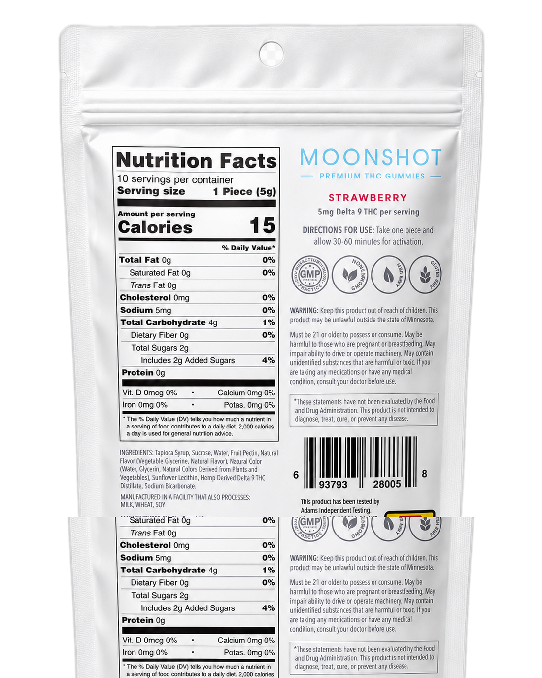 Moonshot Strawberry Fields pouch back — nutrition facts and ingredients