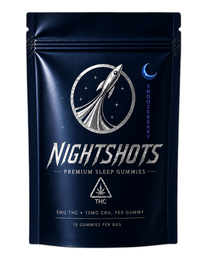 Moonshot Nightshots Snoozeberry sleep gummies pouch — front